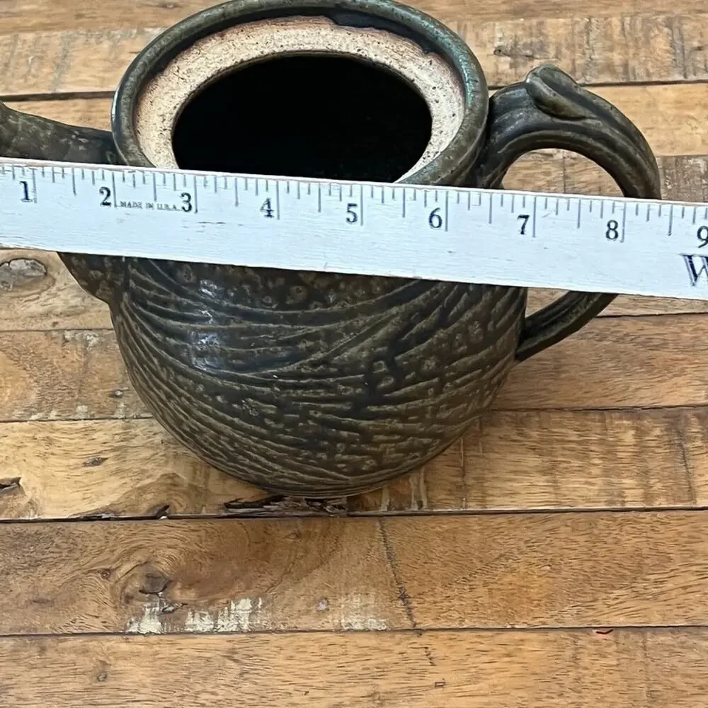 Handmade Stoneware Pottery Teapot Dark Green Textured Finish Artist Signed